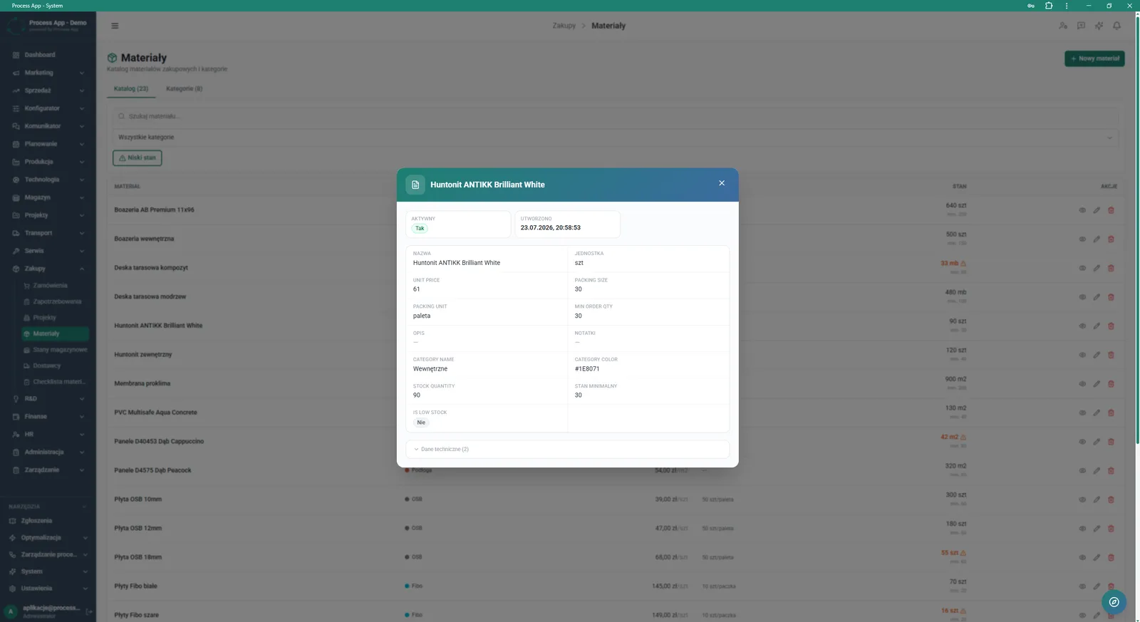 Screen showing a modal window with detailed data for a selected material, displayed over the material catalogue in the Purchasing module.
