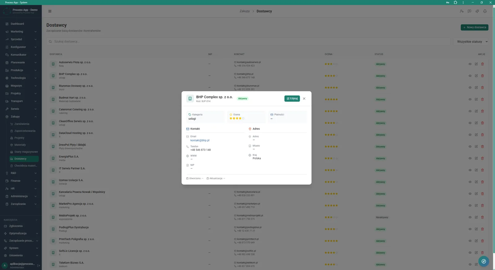 Screen showing a modal window with details of a selected supplier, displayed over the supplier list in the Purchasing module.