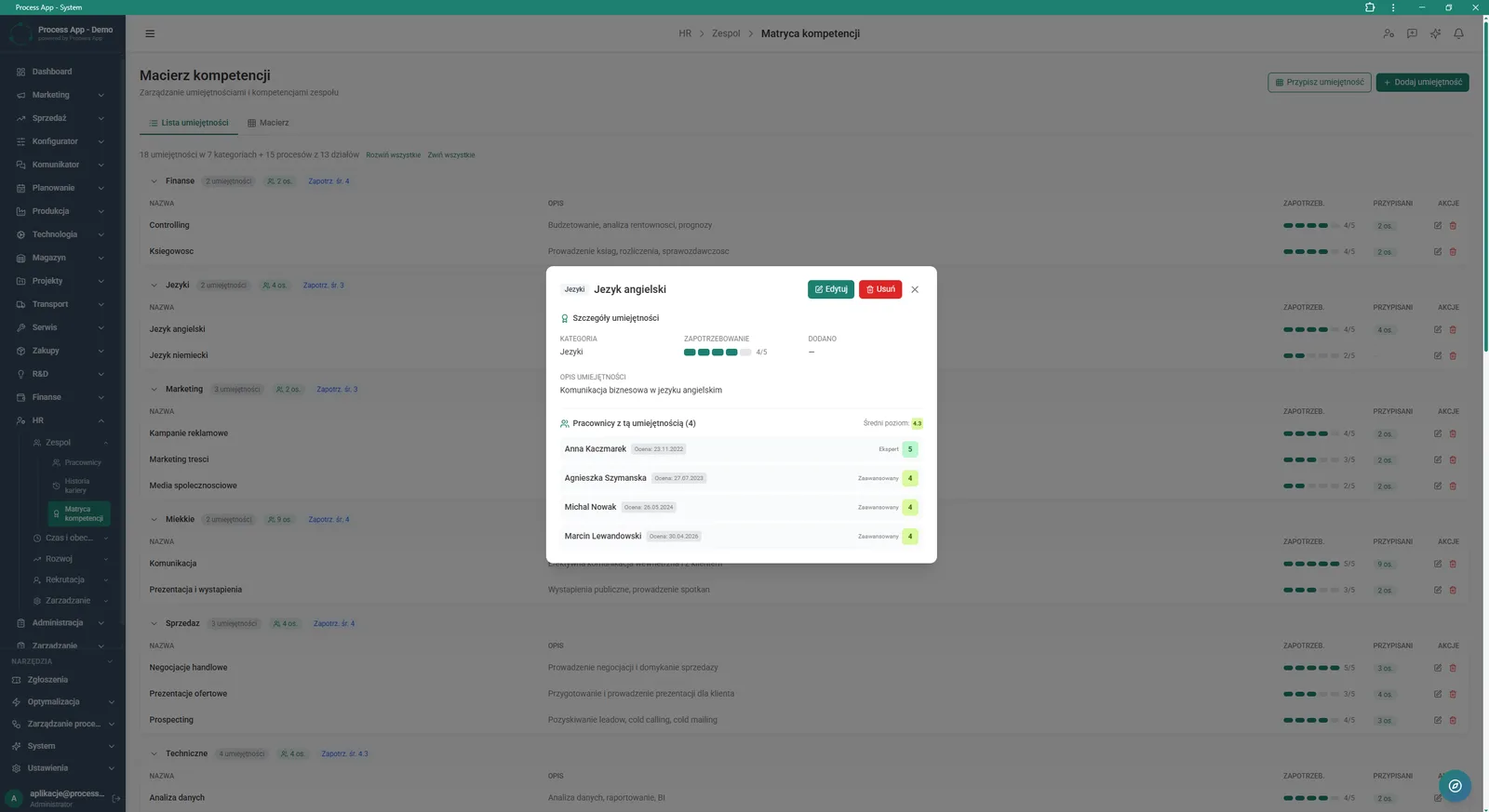 Competency Matrix screen with an open detail window for a specific skill, displaying its parameters and the list of assigned employees with their proficiency levels.