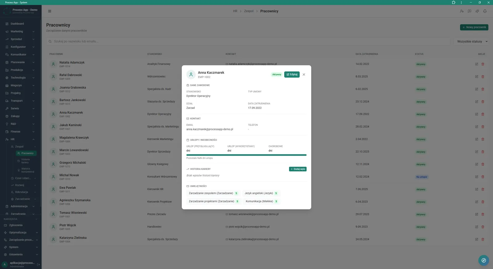 Employee list screen with an open employee profile detail window, showing job and contact data, leave balance, career history, and assigned skills with proficiency levels.