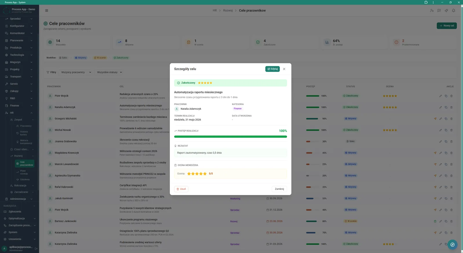 Employee goals list screen with an open detail window for a specific goal, displaying its parameters, progress, outcome, and manager’s assessment.
