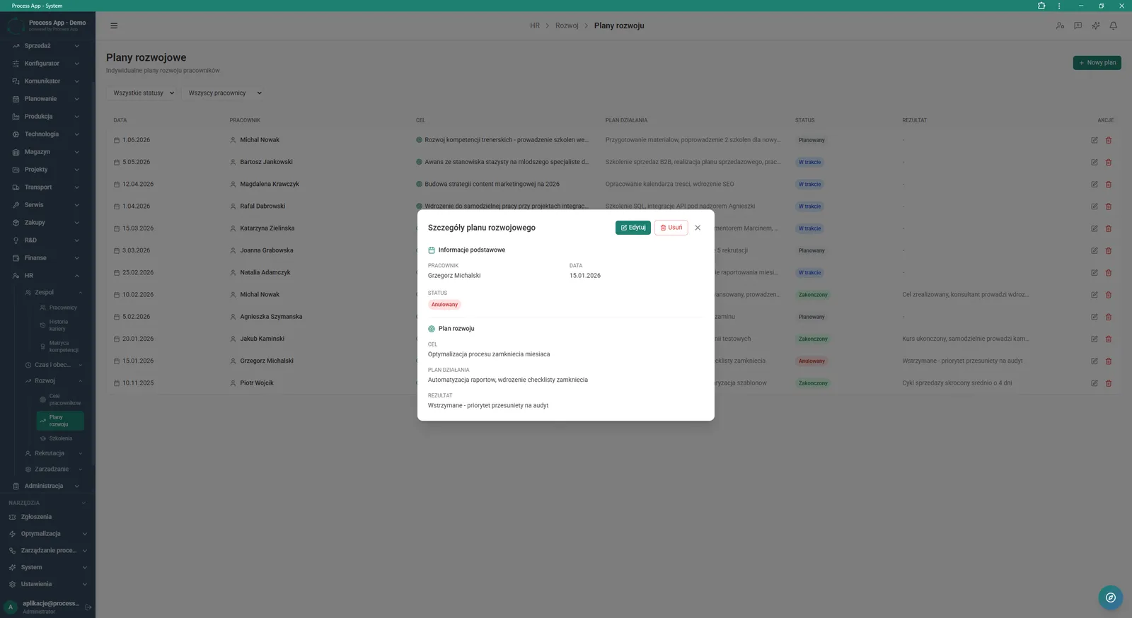 Development plans list screen with an open detail window for a specific plan, showing information about the employee, assigned goal, action plan, status, and outcome.