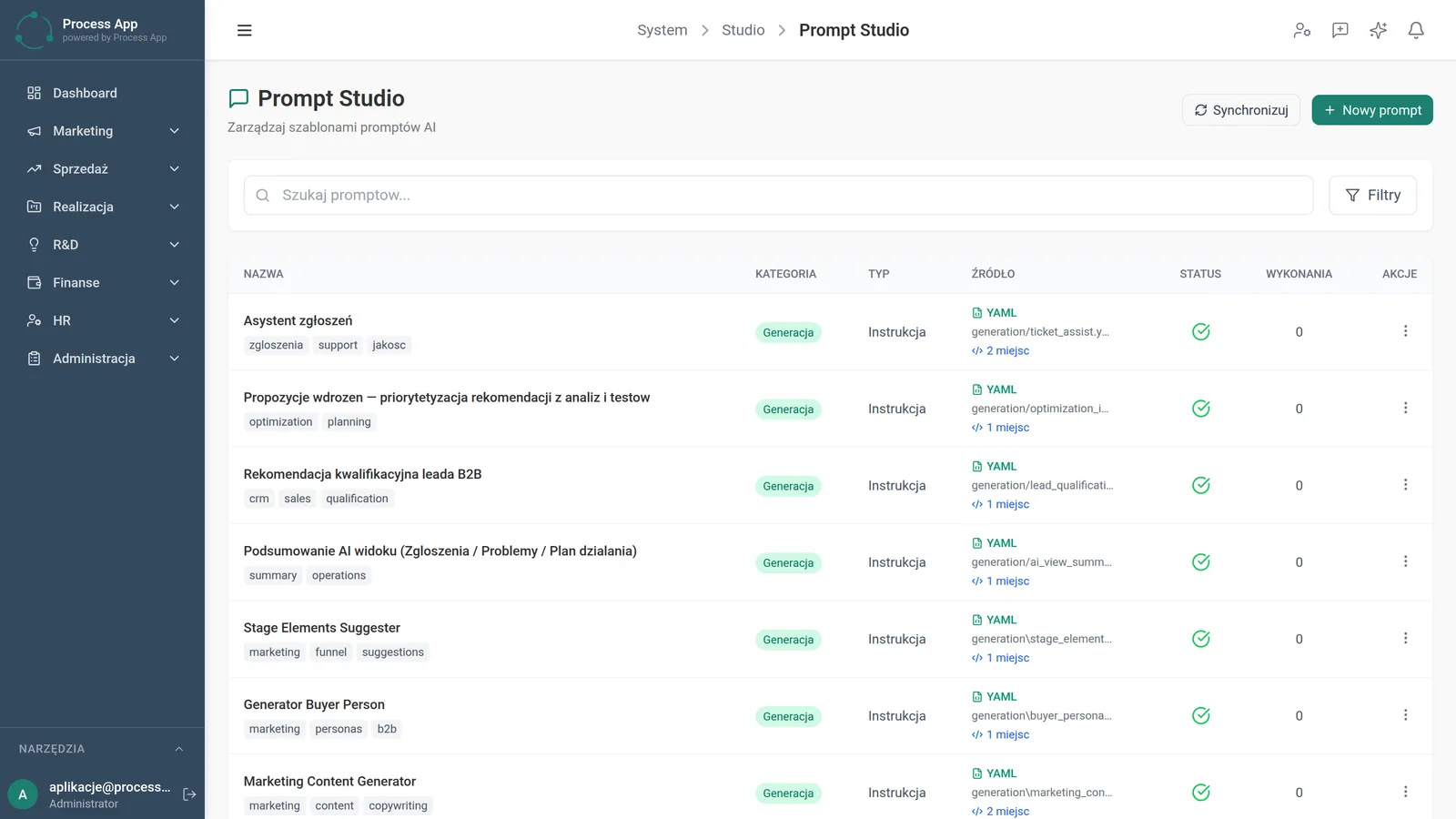 The Prompt Studio screen shows a tabular list of AI prompt templates with their tags, categories, types and sources.