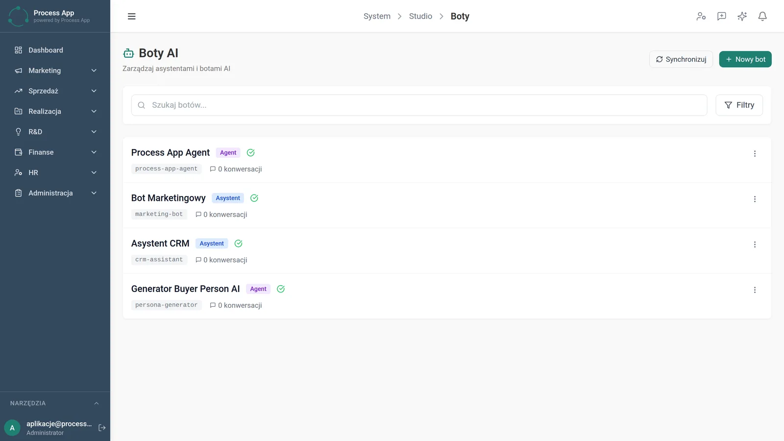 The AI Bots screen shows a list of available AI assistants and agents with their identifiers, role tags and conversation statistics.