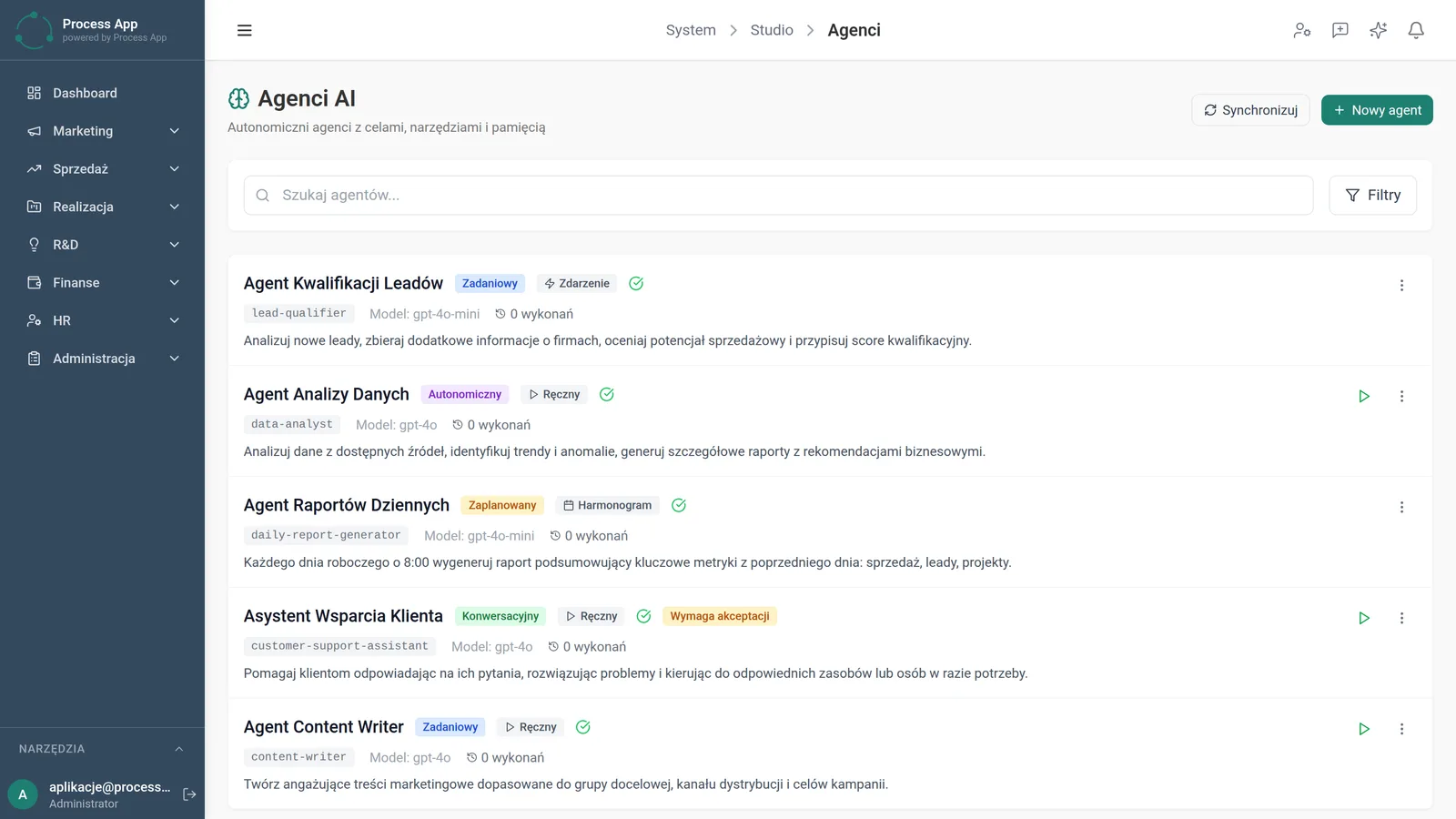The AI Agents screen displays a list of configured agents with their tags, assigned language models, number of runs and descriptions of the tasks they perform.