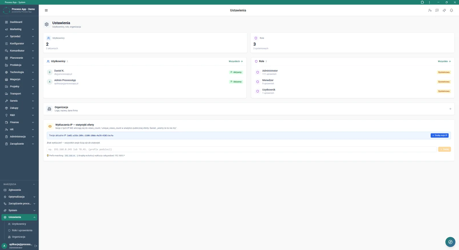 Main system settings screen showing a summary of the number of users and roles, lists of active accounts and system roles, access to organisation data, and configuration of IP exclusions for statistics.