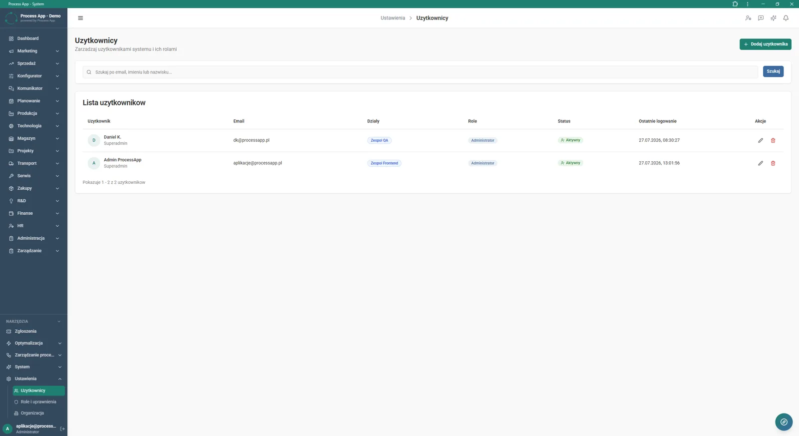 Users screen showing the list of accounts in the system with a search bar and the option to add a new user.