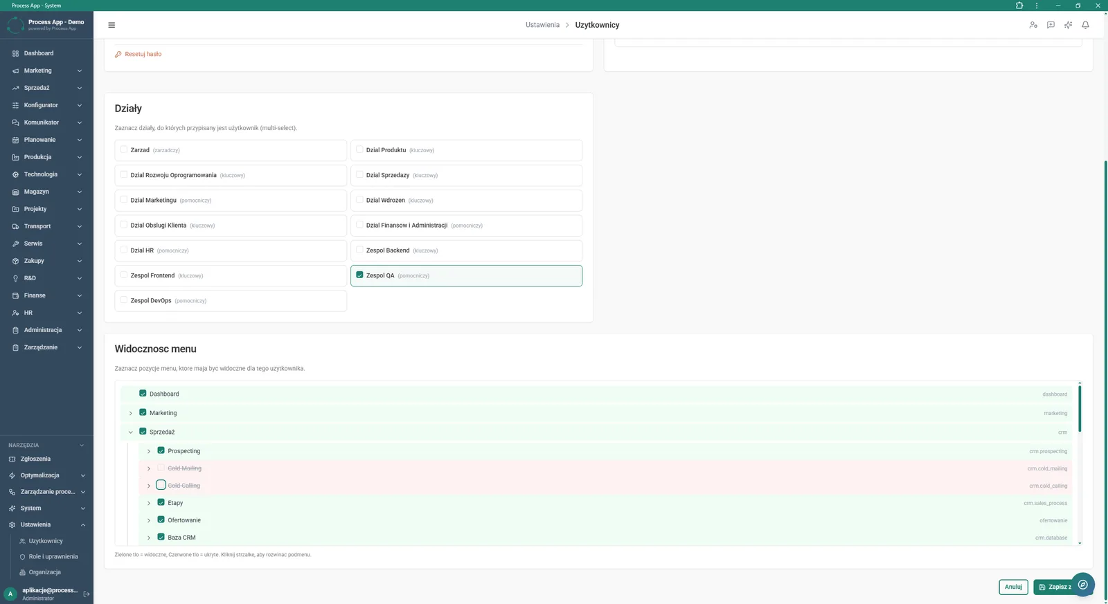 User account configuration screen in the Settings section, showing options to assign the user to company departments and a detailed tree for managing the visibility of individual menu items.