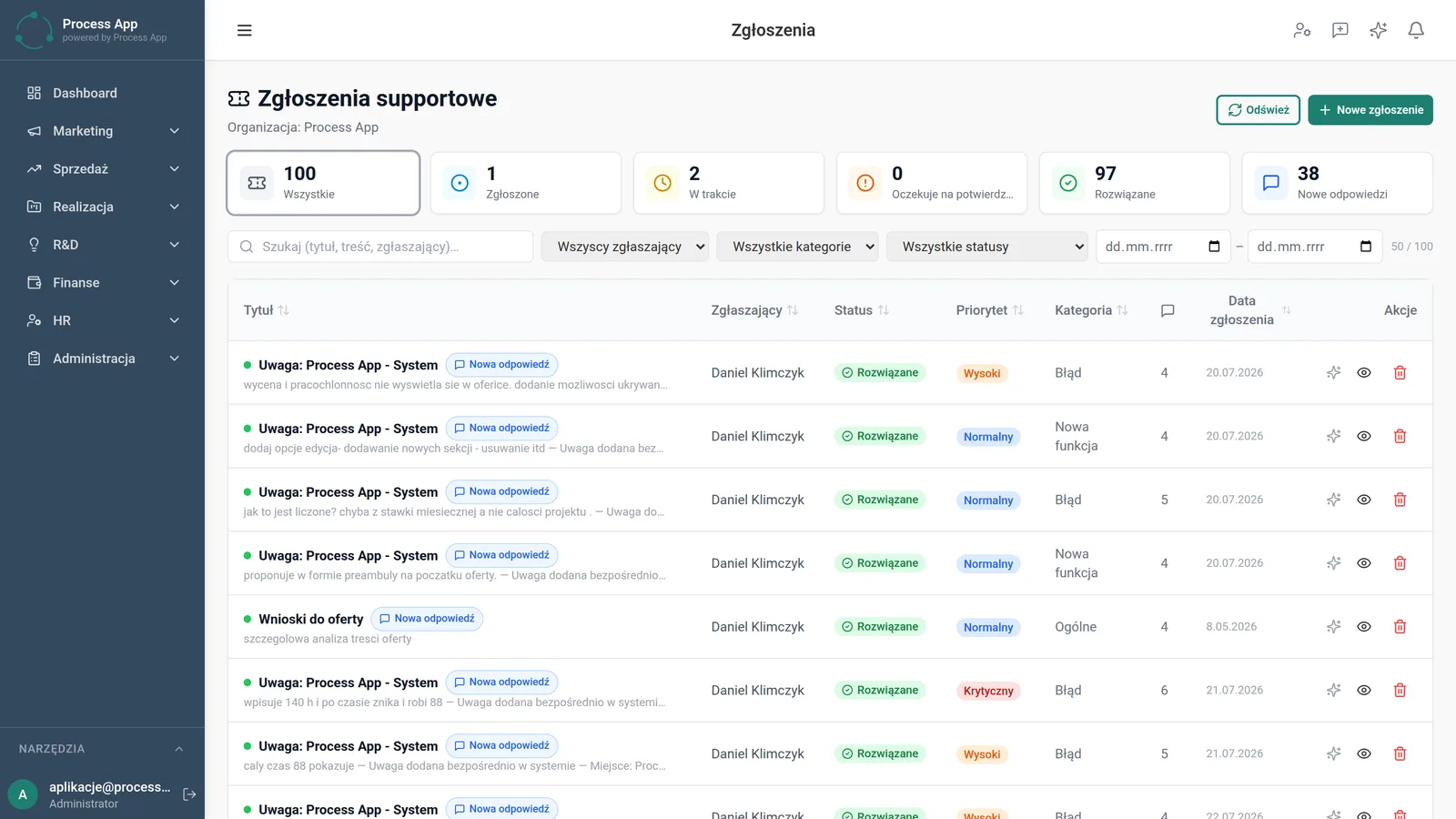 The Support tickets screen presenting a list of tickets in a table with status summary tiles and tools for filtering and searching.