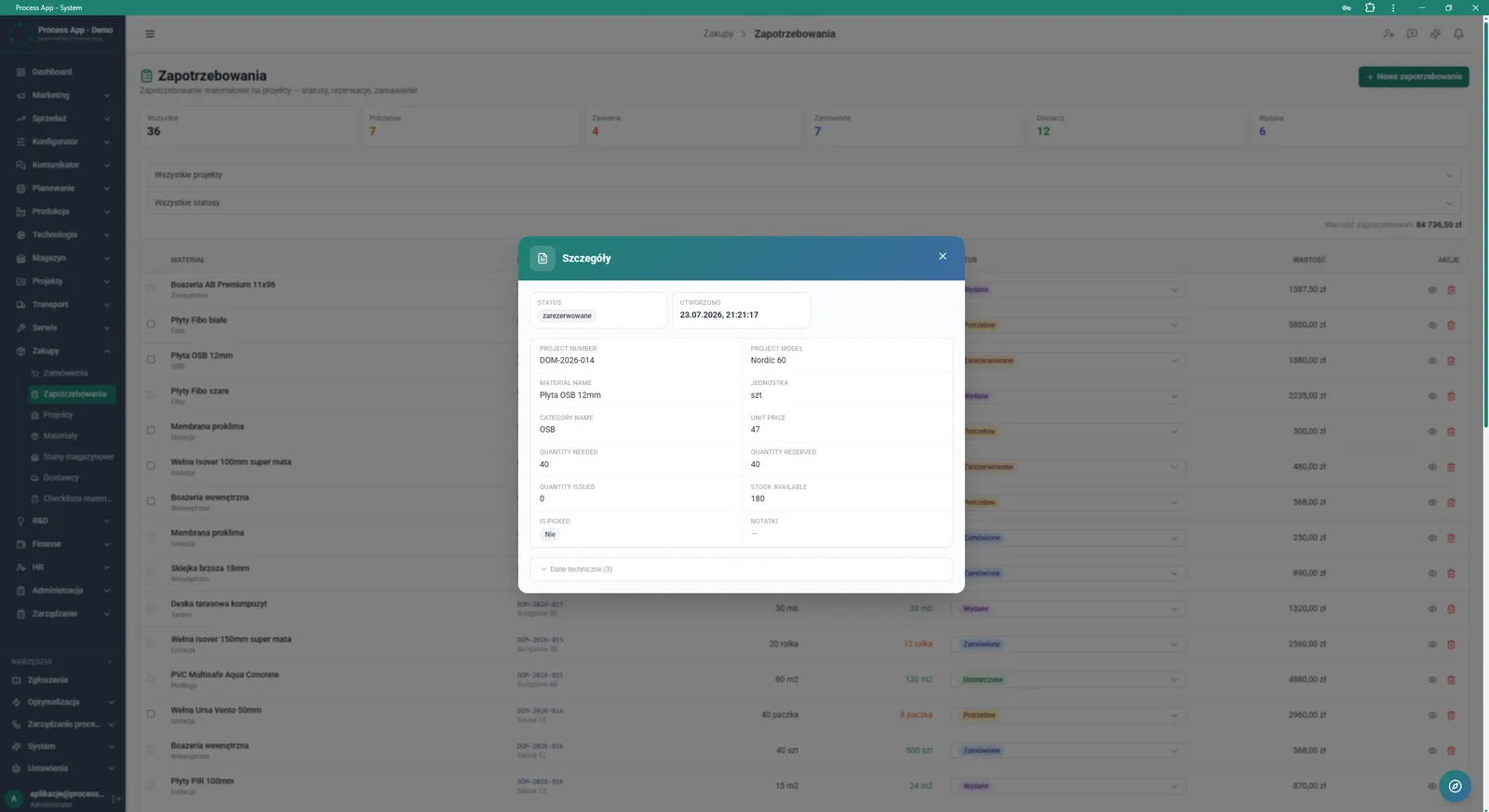 Requisitions list screen with an open modal window displaying details of the selected material requisition.