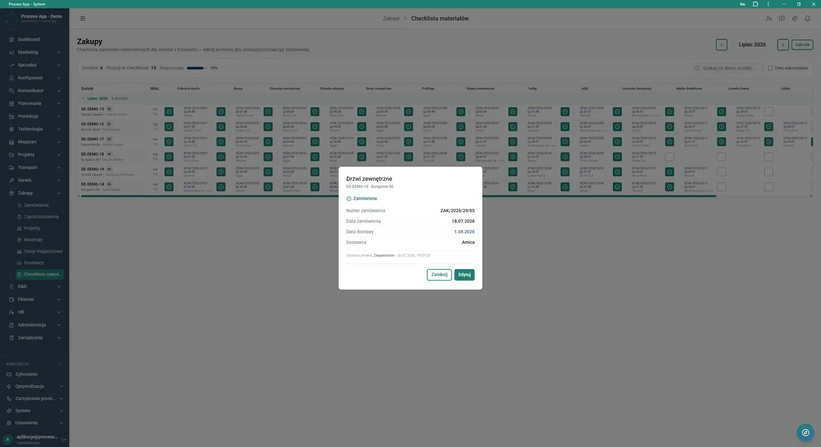 Material checklist screen with an open modal window displaying order details for the selected assortment category and project.