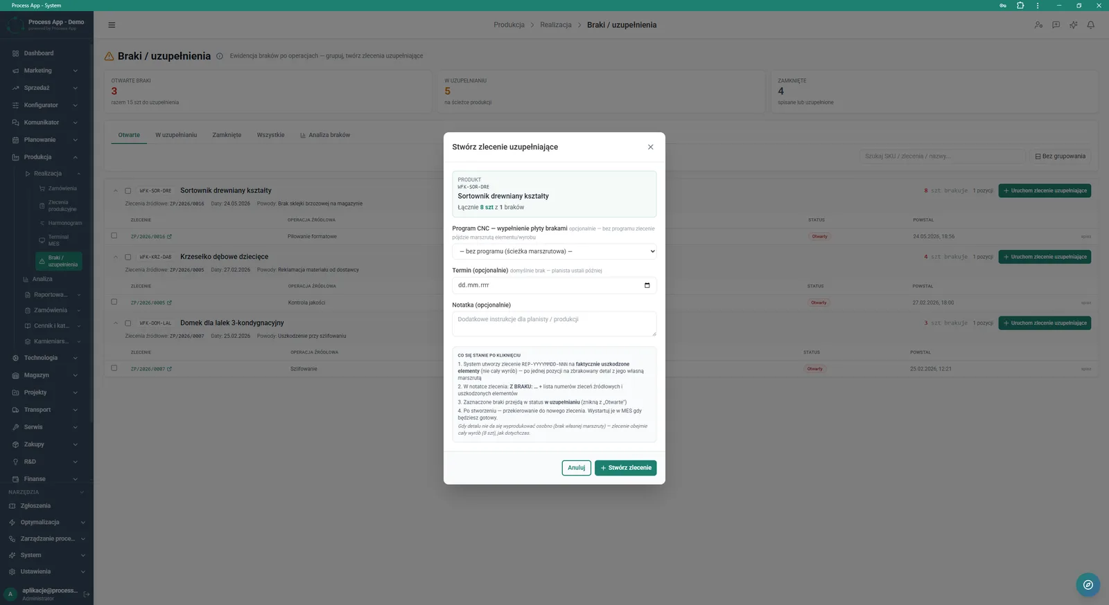 Shortages and replenishments list screen with an open modal window used to create a replenishment order for the selected product.