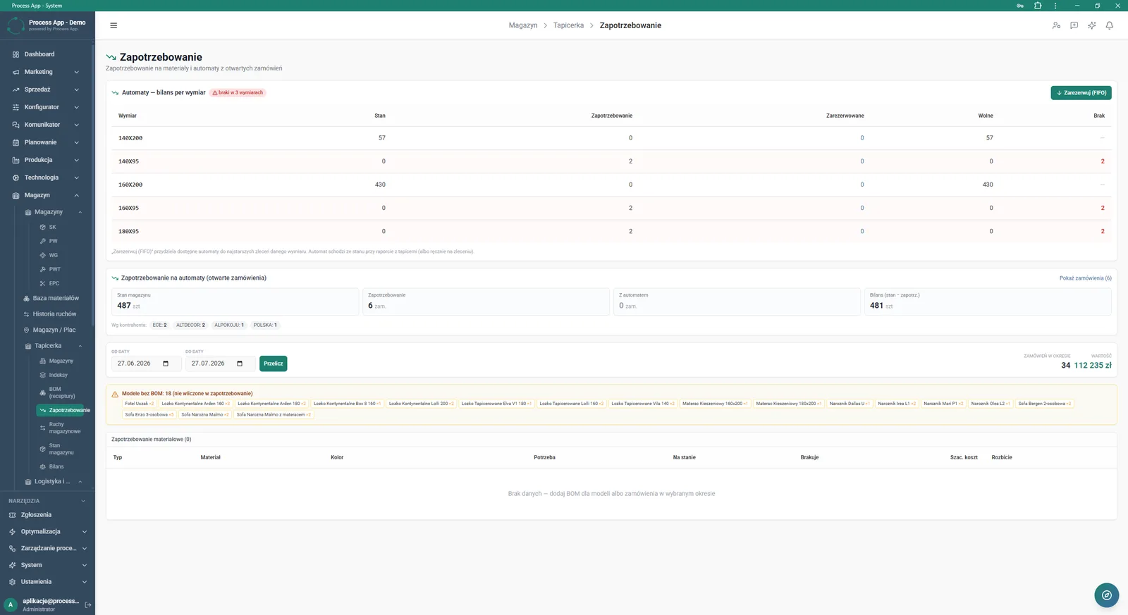 Requisition screen in the Warehouse module showing the machine stock balance broken down by dimensions, open order statistics, and a list of material requisitions for a selected period.