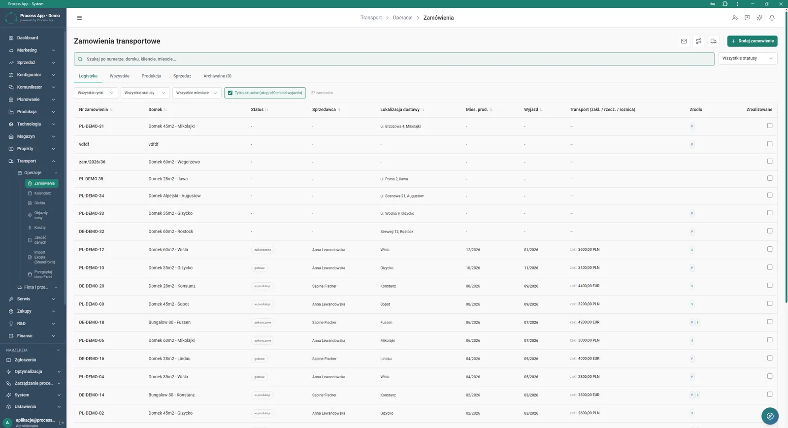 The Transport orders screen displays a table with the list of transport orders, allowing filtering and viewing details such as delivery location, status and costs.