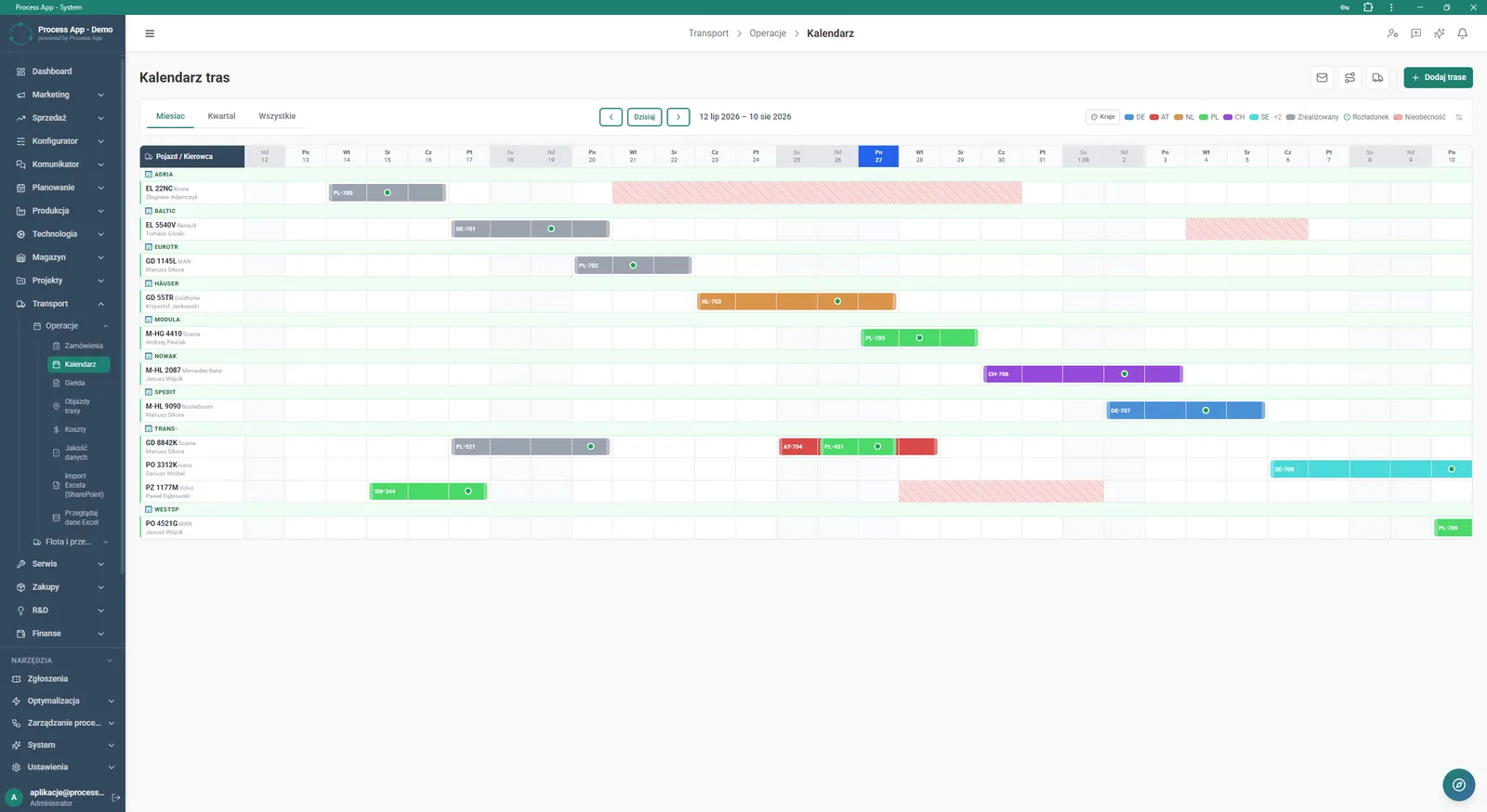 The Route calendar screen in the Transport module shows the assignment of individual routes to vehicles and drivers on a timeline.
