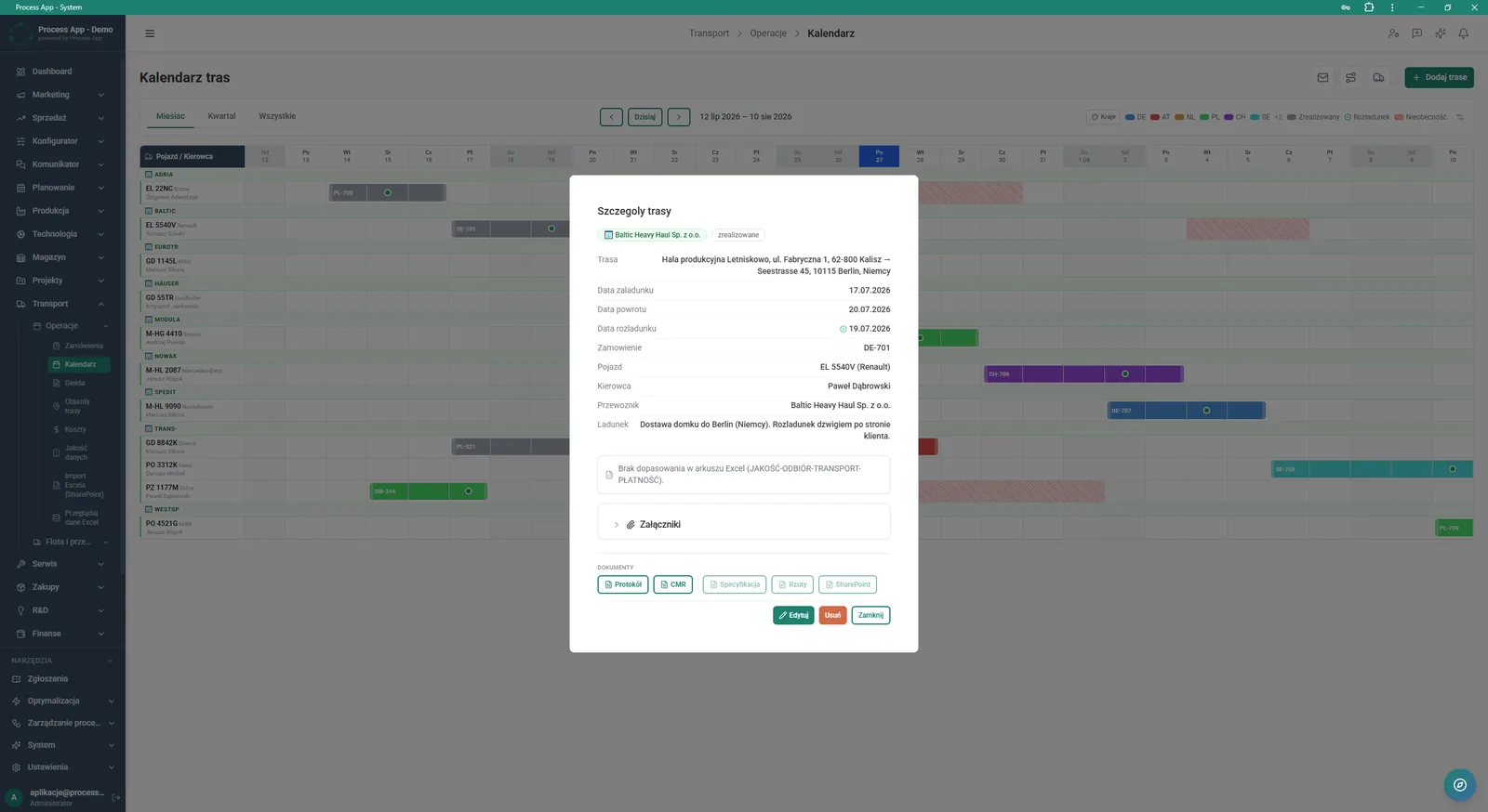 The Route calendar screen with an open Route details modal window presenting detailed information about the selected transport order, including dates, vehicle, driver, carrier and load.