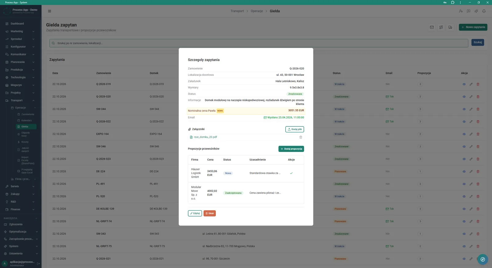 The Request exchange screen with an open Request details modal window showing order data, attachments and a list of carrier proposals.